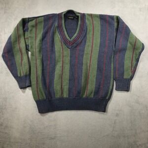 Vintage Structure Varsity Sweater Men Small Blue Green Striped V-Neck Preppy Y2K